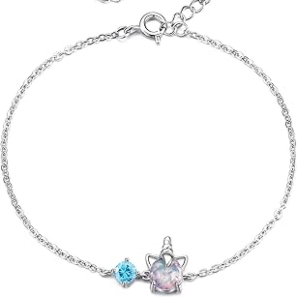 Sterling Silver Unicorn Bracelet, Birthstone - March, Aquamarine - Opal, CZ